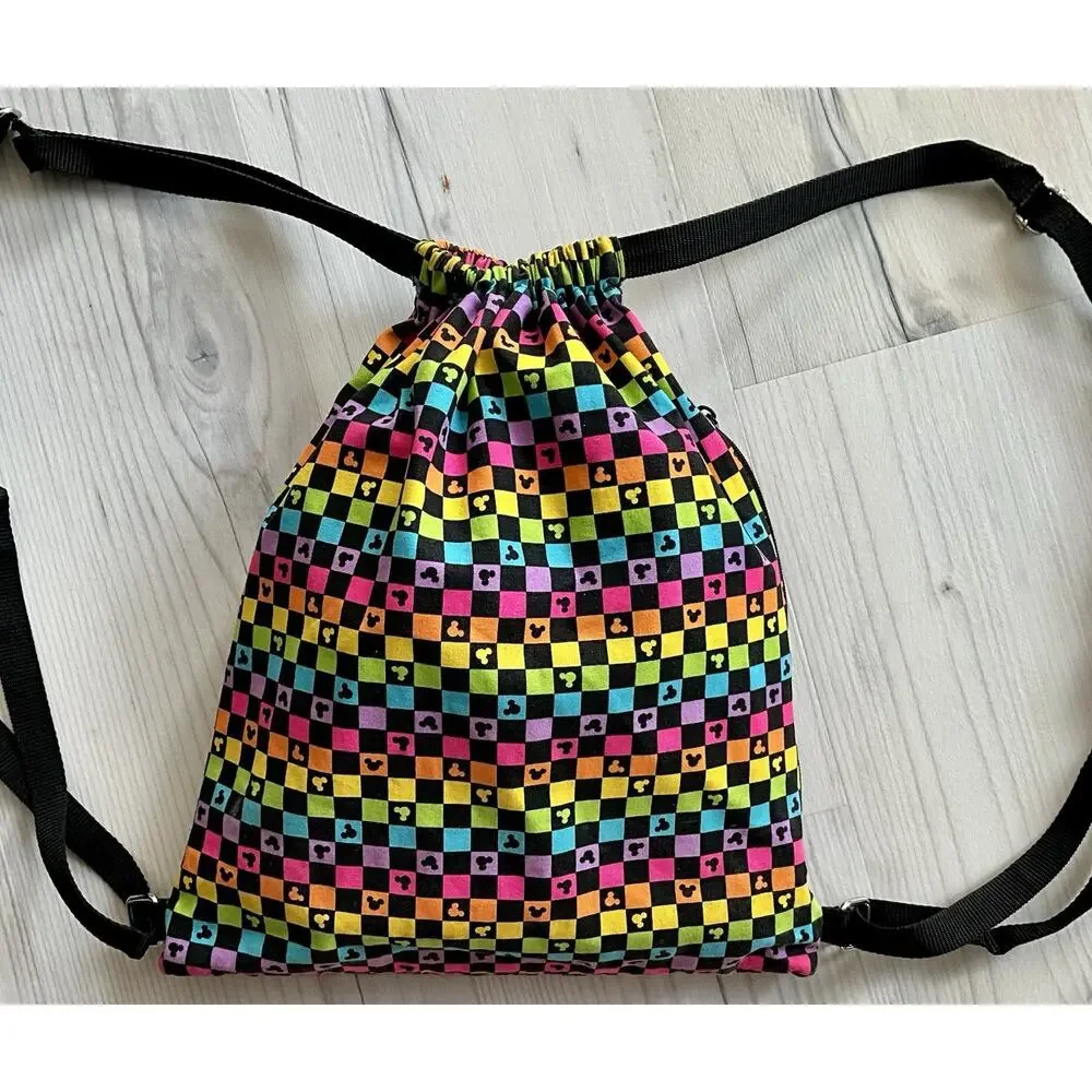 Disney Parks Mickey Black Rainbow Design Draw String Backpack Side Zipper Pocket